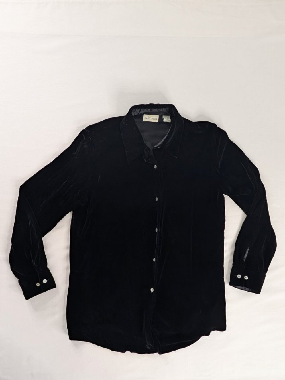 VTG Black Velvet Button Up Collared Silk Long Sleeve Top 90s Whimsygoth
